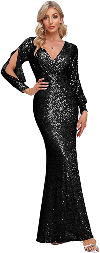 MOOSSIS Women Sequin Fishtail V Neck Maxi Bodycon Black Dress with Long & Open Sleeves BL0004R-002 - Image 5